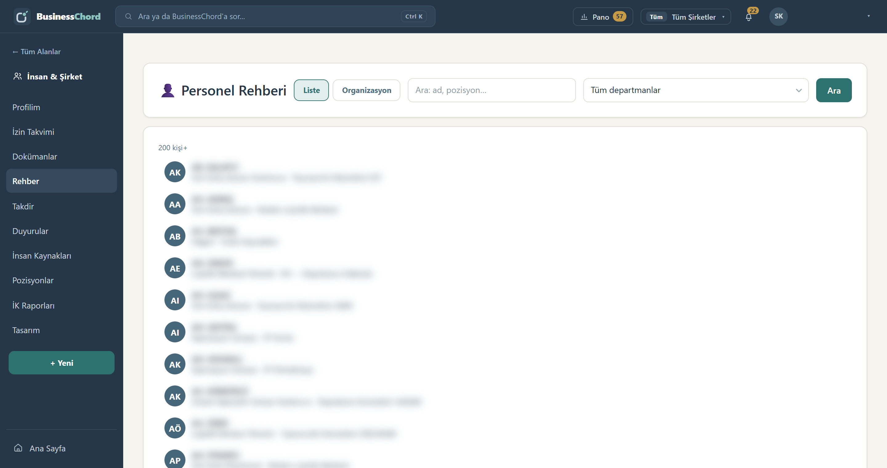 Employee directory: a searchable list of people; names, positions and department lines are blurred.